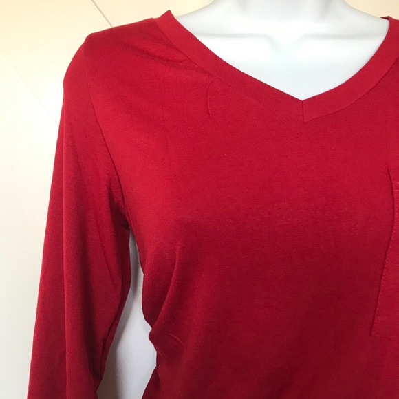 Solid red v neck casual long sleeve top - Picture 5 of 7